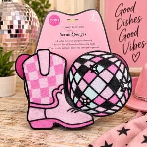 Core Home Cowgirl Disco Scrub Sponges 2 Pack Pink Boot & Disco Ball Cleaning